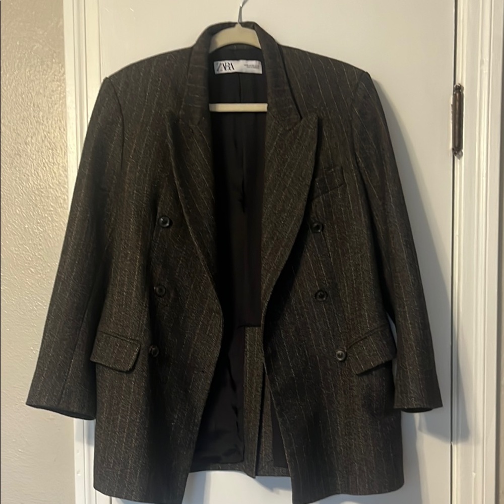 Zara Dark Charcoal Pinstripe Double-Breasted Blazer